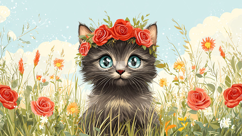 高清大图下载【趣麦麦图】戴花环的小猫