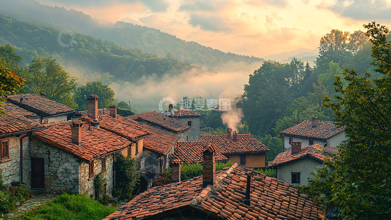 高清大图下载【趣麦麦图】山间小镇清晨薄雾