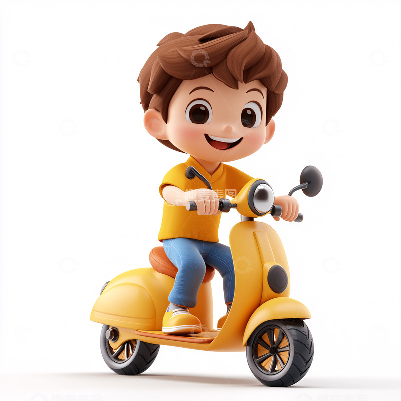 高清大图下载【趣麦麦图】卡通男孩骑黄色小摩托