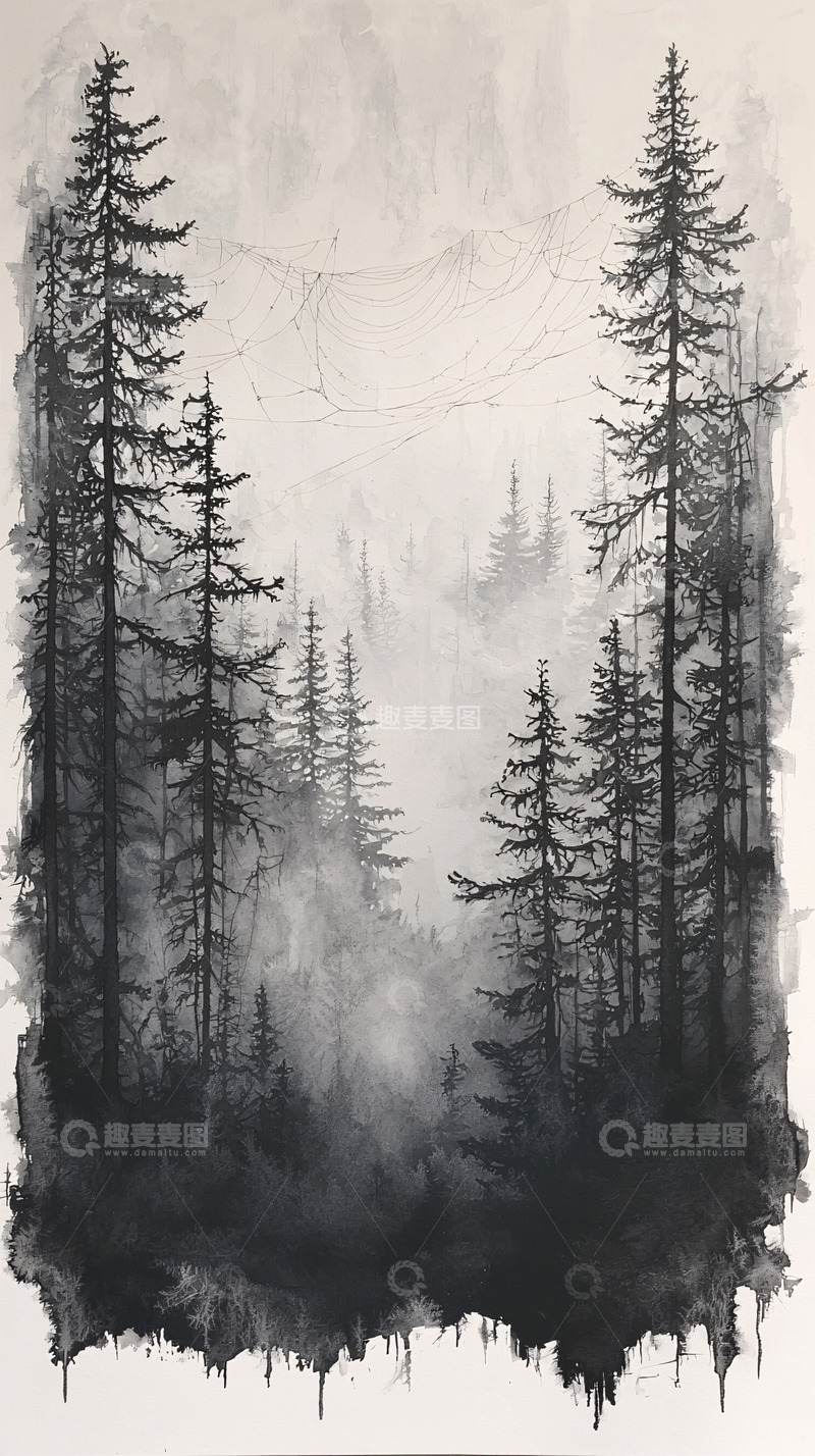 高清大图下载【趣麦麦图】雾气笼罩的森林手绘水墨画