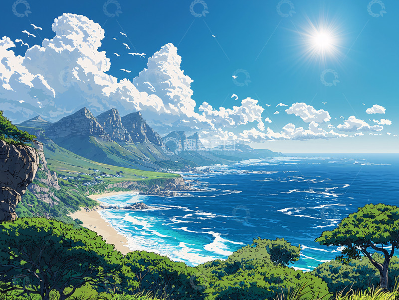 高清大图下载【趣麦麦图】阳光明媚的山海景色