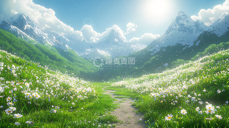 高清大图下载【趣麦麦图】阳光明媚的山谷花田
