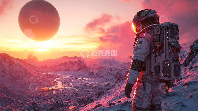 高清大图下载【趣麦麦图】宇航员在红色星球日落