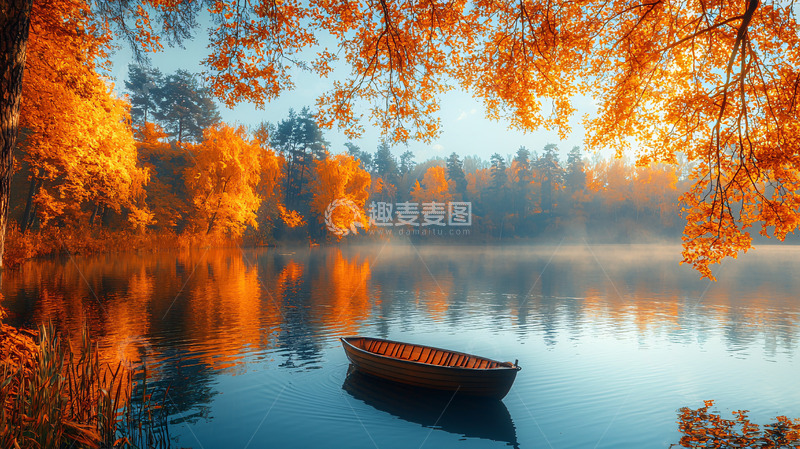 高清大图下载【趣麦麦图】秋日湖泊小船