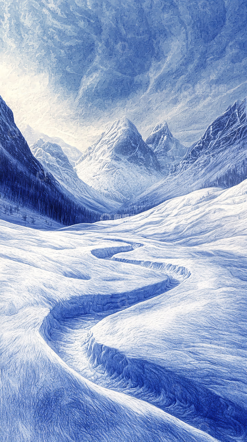 高清大图下载【趣麦麦图】冰雪覆盖的山谷蜿蜒小路