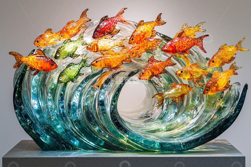 高清大图下载【趣麦麦图】玻璃鱼群浪花雕塑