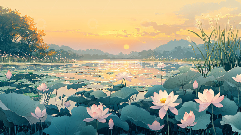 高清大图下载【趣麦麦图】日落荷花湖景图