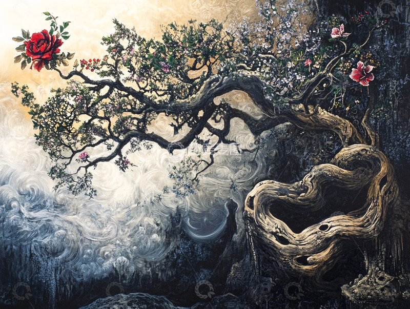 高清大图下载【趣麦麦图】奇幻风格老树玫瑰花