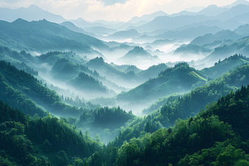 雾气缭绕的翠绿山峦