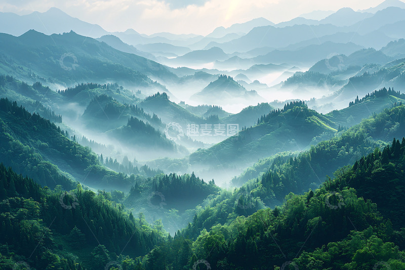 高清大图下载【趣麦麦图】雾气缭绕的翠绿山峦