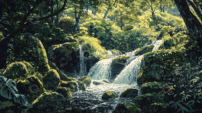 高清大图下载【趣麦麦图】茂密森林中的瀑布