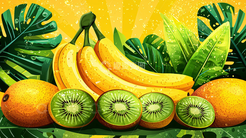 高清大图下载【趣麦麦图】热带水果与绿叶插画