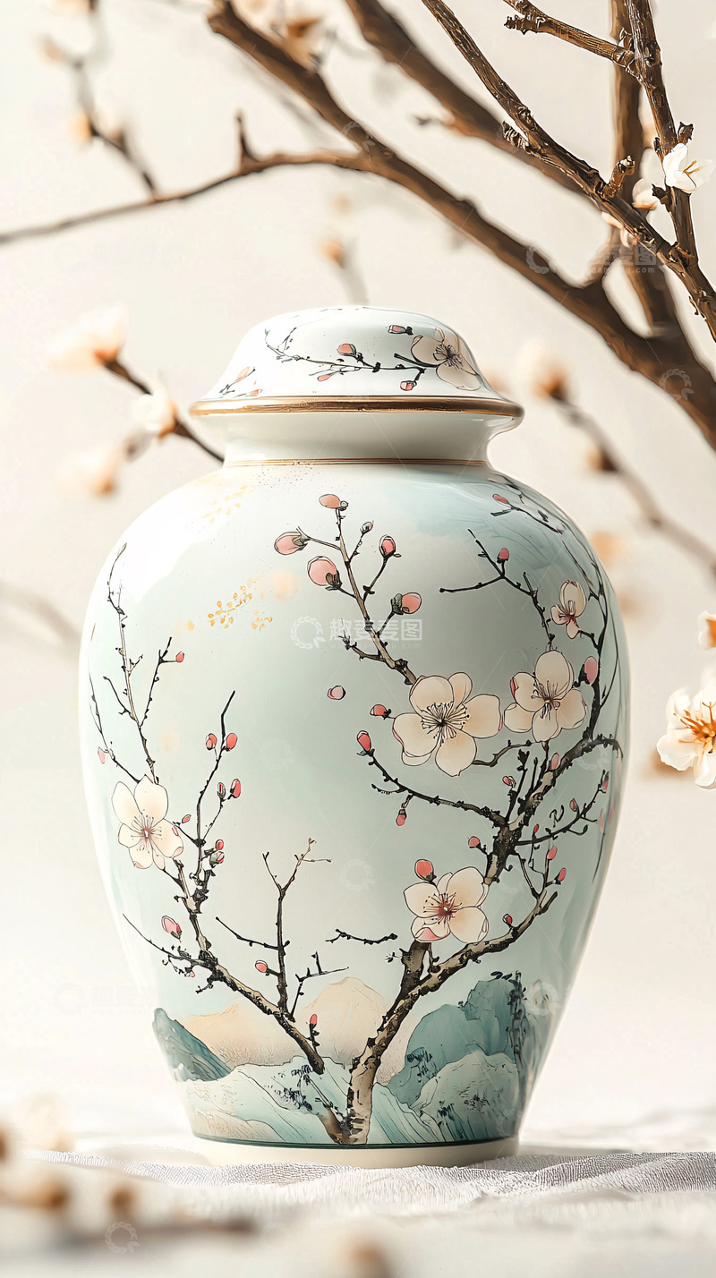 高清大图下载【趣麦麦图】淡雅青花瓷瓶梅花特写