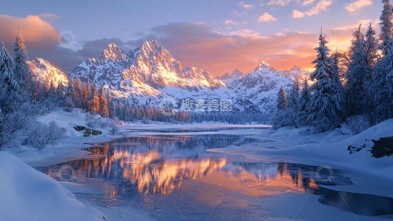 高清大图下载【趣麦麦图】雪山日出湖泊倒影