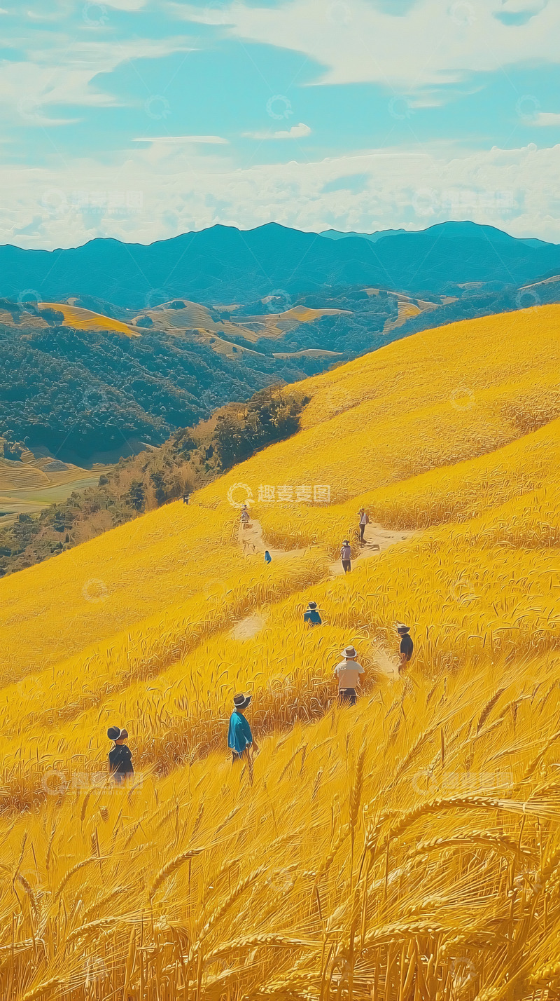 高清大图下载【趣麦麦图】金黄麦田山峦景色