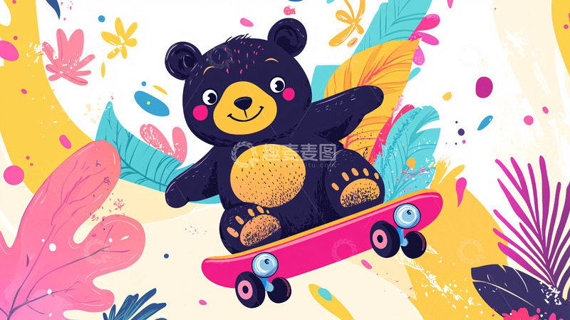 高清大图下载【趣麦麦图】可爱黑熊滑板