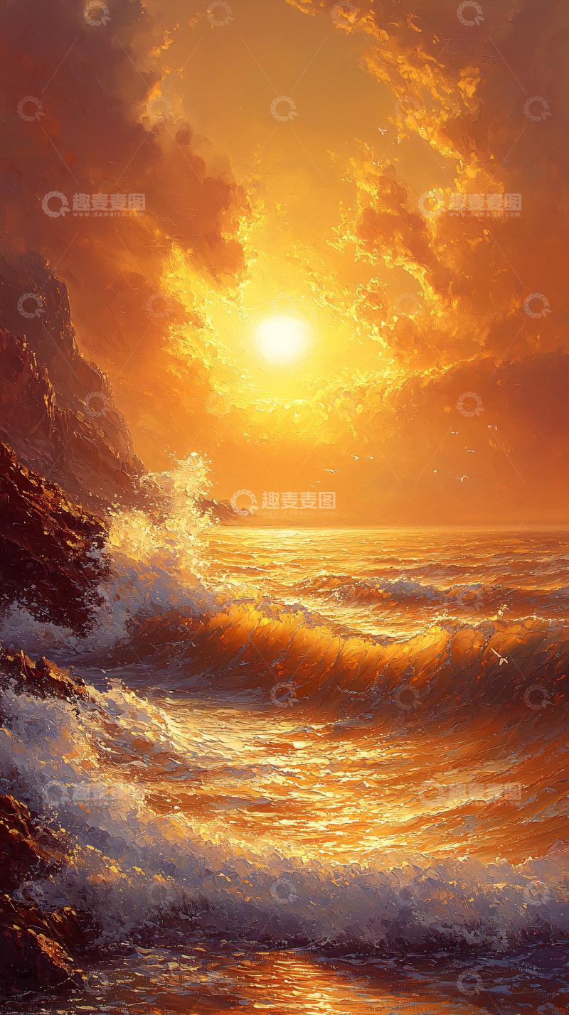 高清大图下载【趣麦麦图】金色夕阳下的海浪