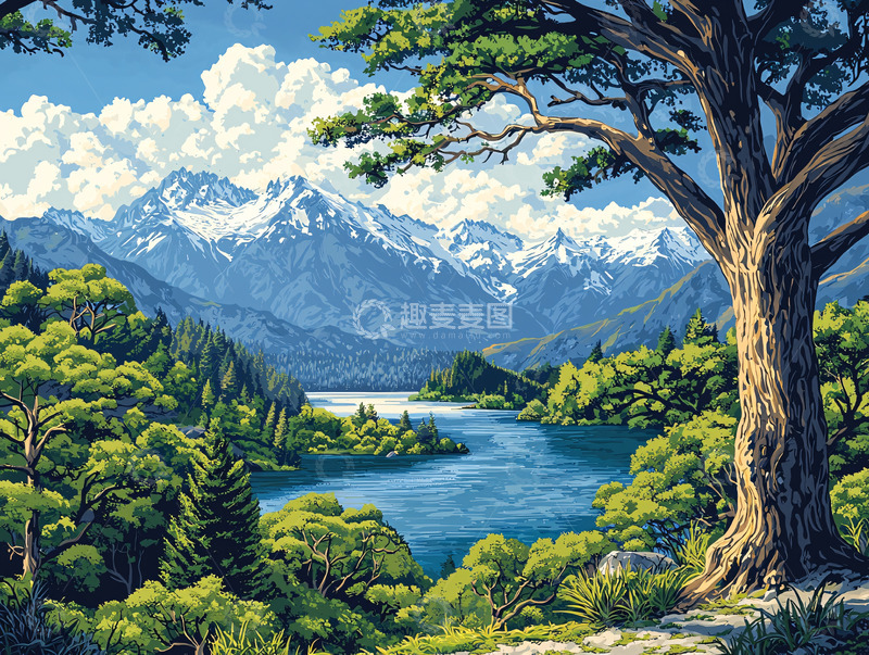 高清大图下载【趣麦麦图】树下湖边远山雪景