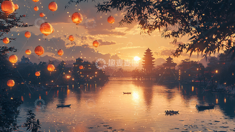 高清大图下载【趣麦麦图】灯笼漂浮在水面上