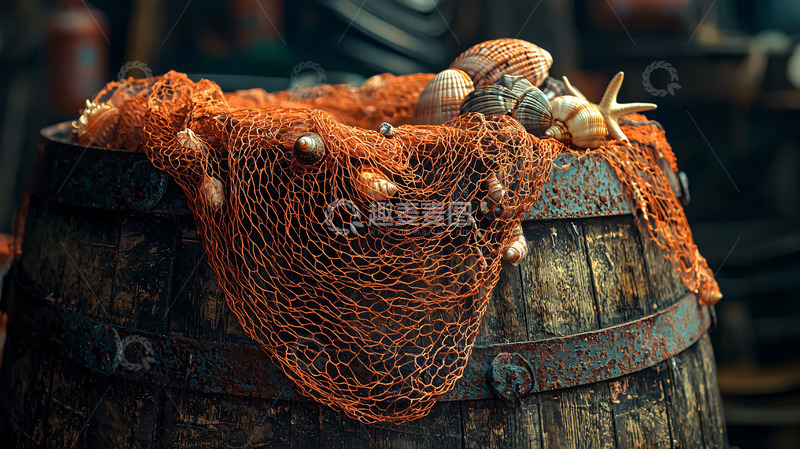 高清大图下载【趣麦麦图】渔网老木桶贝壳海星