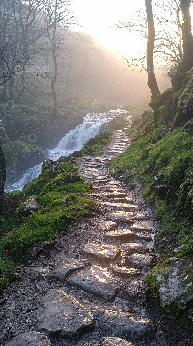 高清大图下载【趣麦麦图】石板路通向瀑布森林