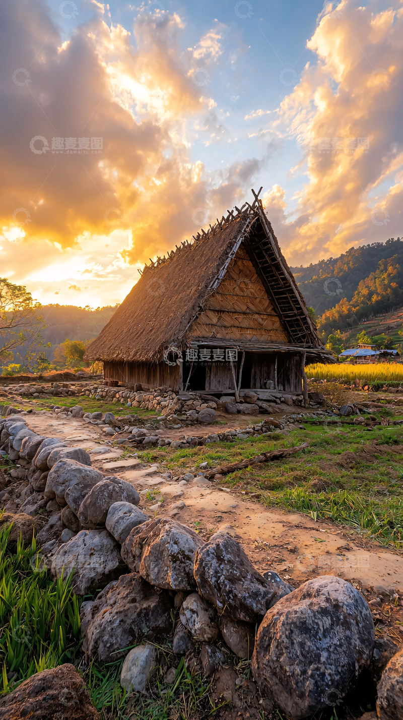 高清大图下载【趣麦麦图】日落时分茅草屋