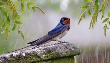 雨中檐上的燕子与绿意