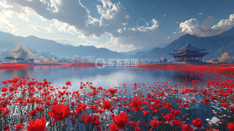 高清大图下载【趣麦麦图】红花碧水远山亭