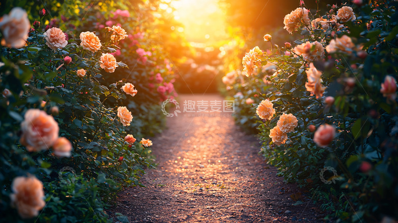 高清大图下载【趣麦麦图】玫瑰花海小路日落