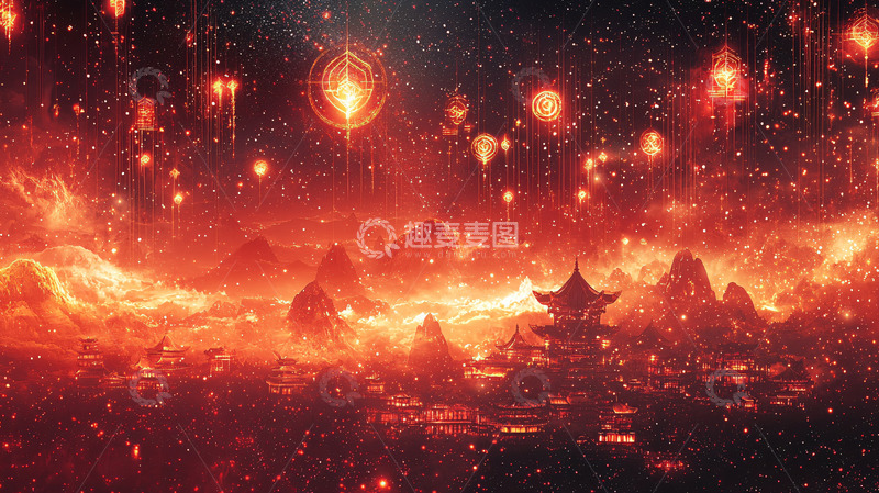 高清大图下载【趣麦麦图】红光闪耀的梦幻山河灯笼