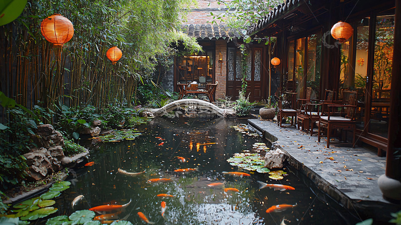 高清大图下载【趣麦麦图】古色古香的庭院锦鲤池塘