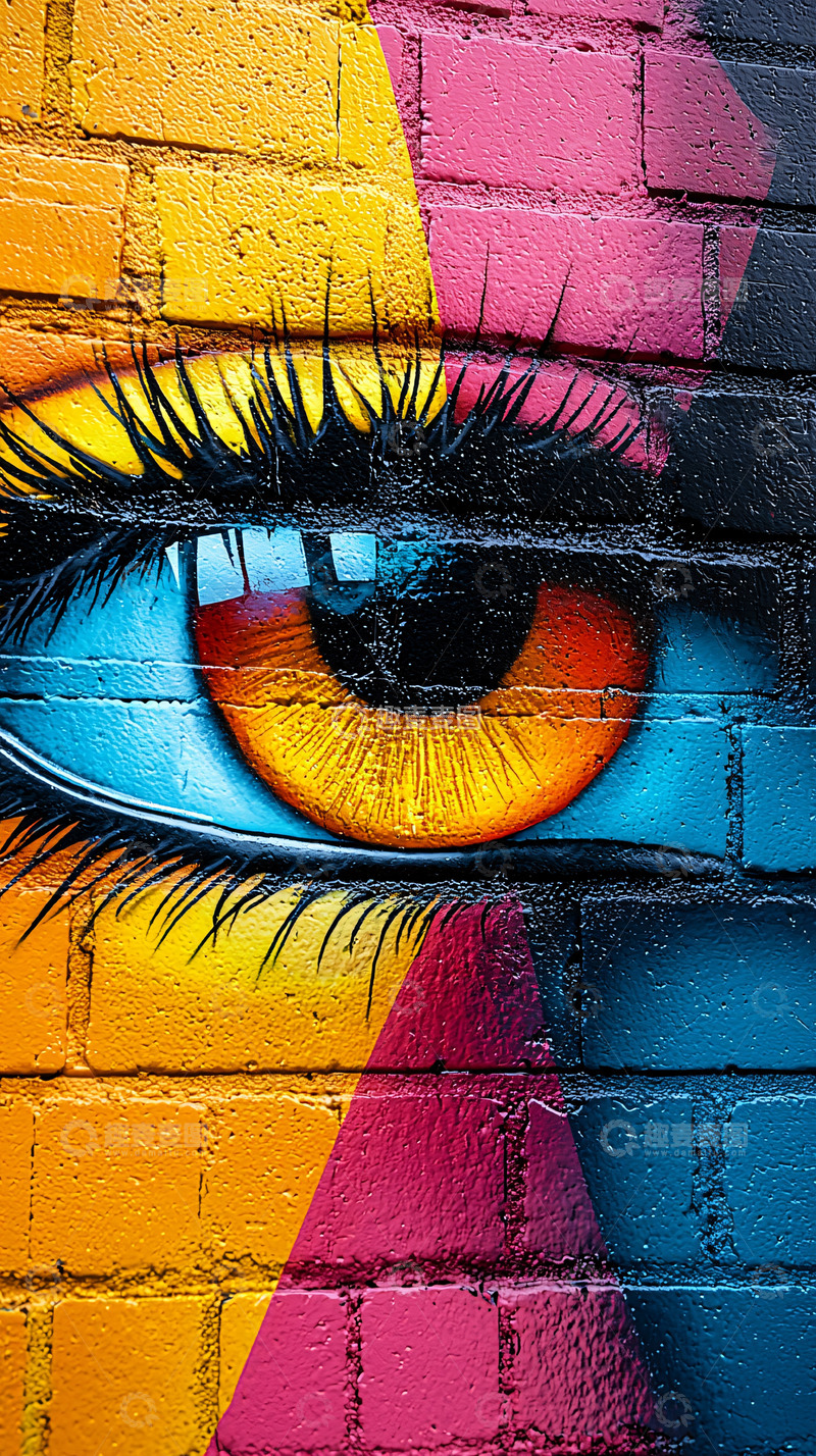 高清大图下载【趣麦麦图】彩色砖墙上的眼睛涂鸦