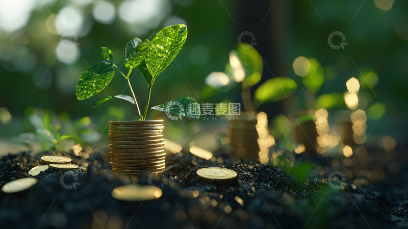 高清大图下载【趣麦麦图】绿植从金币中生长