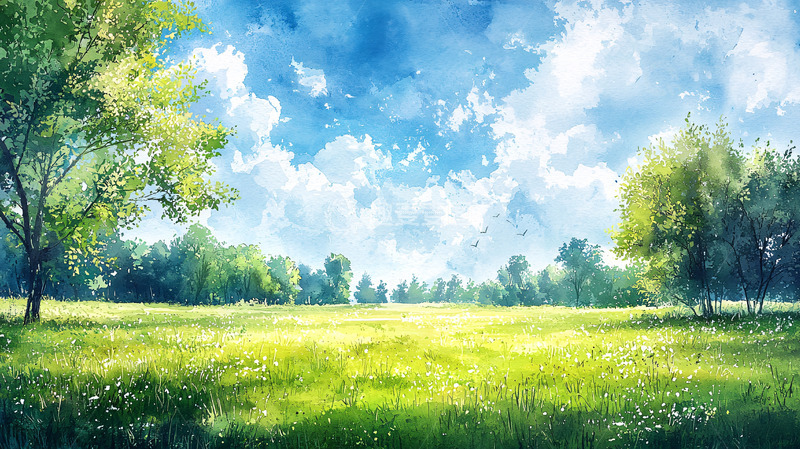 高清大图下载【趣麦麦图】蓝天白云下的绿色田野