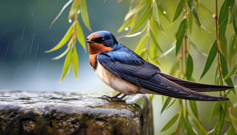 高清大图下载【趣麦麦图】雨中静立的燕子与柳景