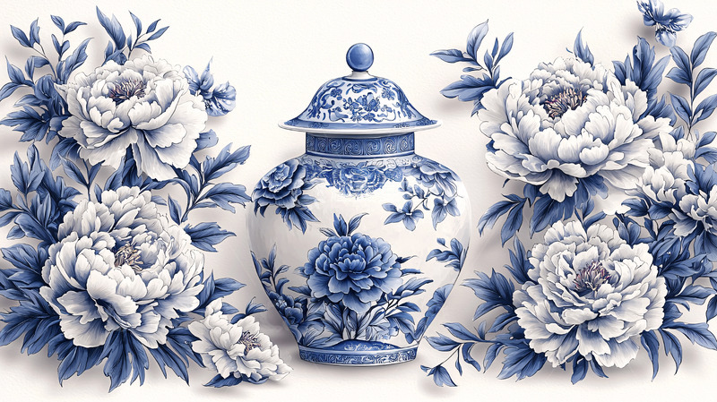 高清大图下载【趣麦麦图】青花瓷与牡丹花卉的图案