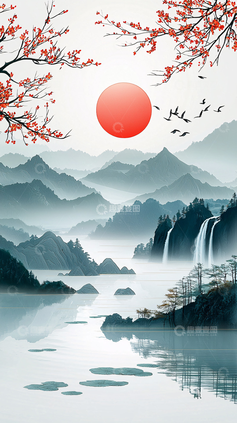 高清大图下载【趣麦麦图】-水墨山水日出飞鸟