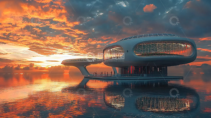 高清大图下载【趣麦麦图】未来建筑海面日落