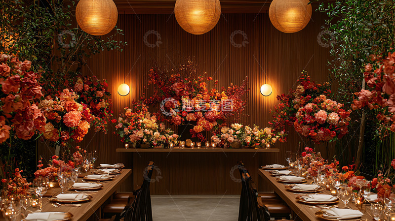 高清大图下载【趣麦麦图】暖色调宴会厅花艺布置