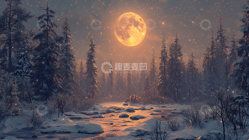 高清大图下载【趣麦麦图】冬日森林月夜雪景