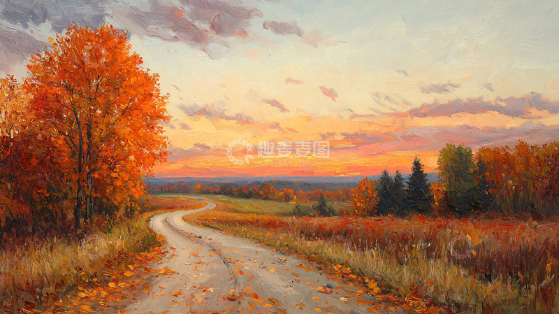 高清大图下载【趣麦麦图】秋日乡间小路落叶风景