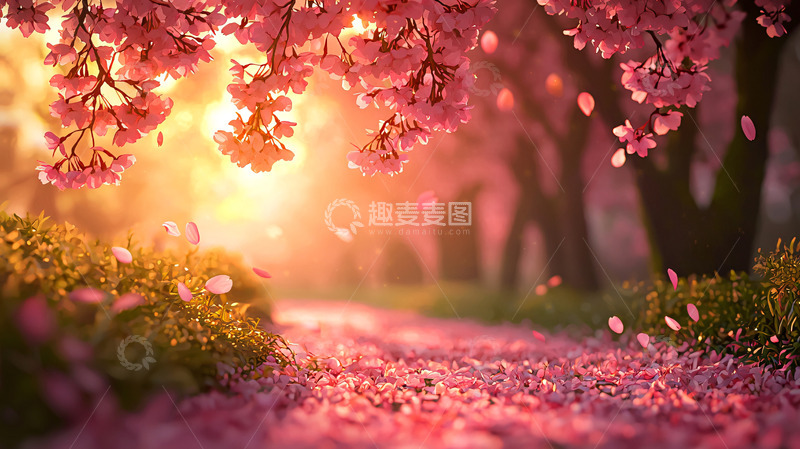 高清大图下载【趣麦麦图】夕阳下樱花雨小路