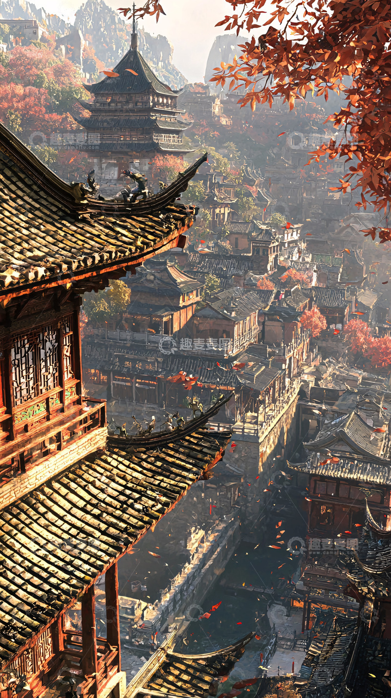 高清大图下载【趣麦麦图】秋日山间古镇全景图