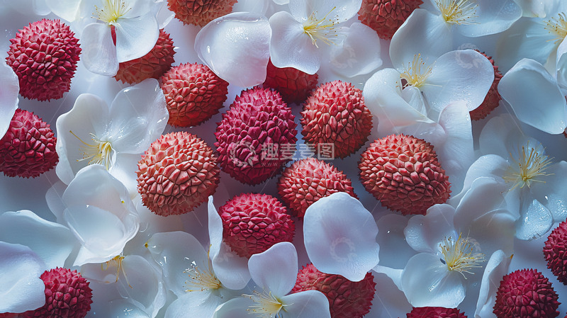 高清大图下载【趣麦麦图】荔枝与白花瓣的背景图
