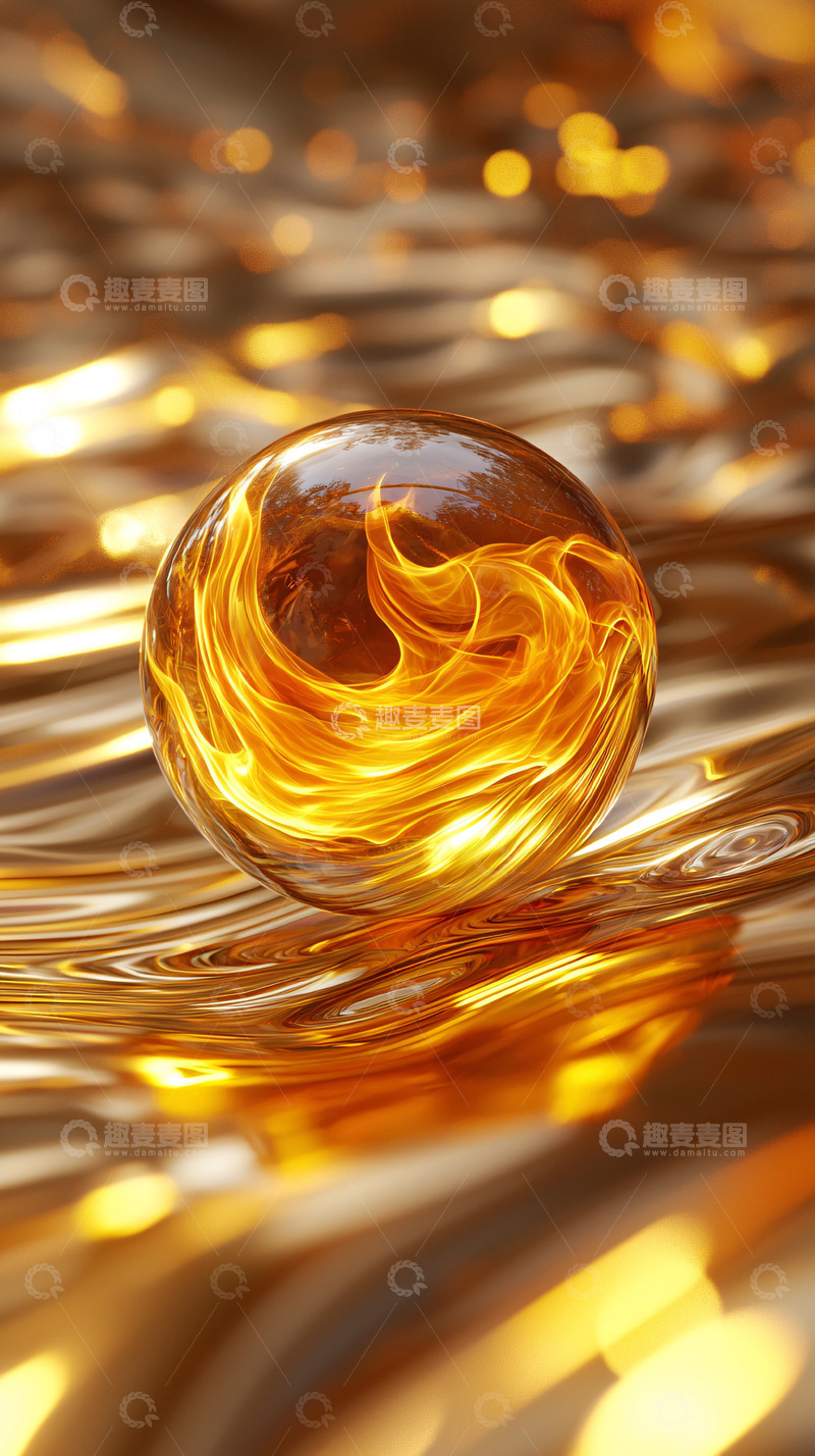 高清大图下载【趣麦麦图】金色火焰球体漂浮在液体上