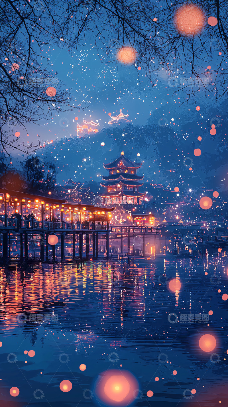 高清大图下载【趣麦麦图】冬夜古建雪景