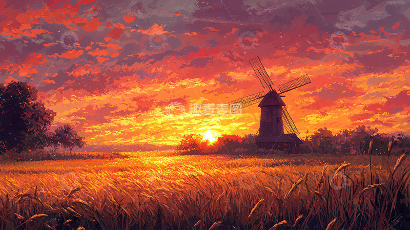 高清大图下载【趣麦麦图】日落风车田野风景画