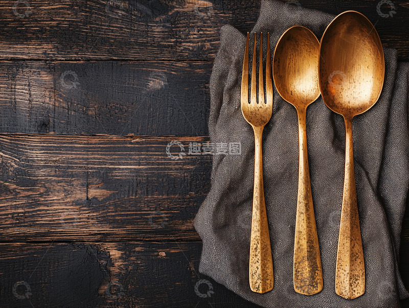 高清大图下载【趣麦麦图】金色餐具在木纹背景上