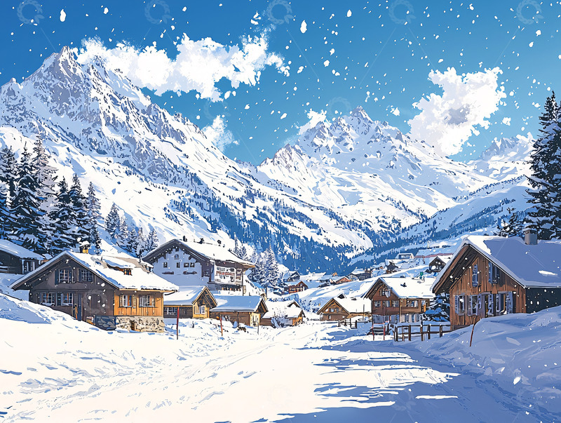 高清大图下载【趣麦麦图】雪山小镇