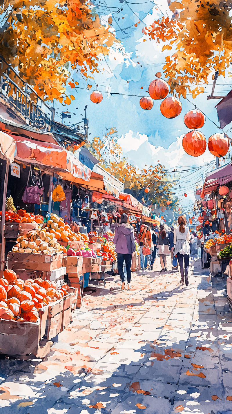高清大图下载【趣麦麦图】繁华的秋日集市街景
